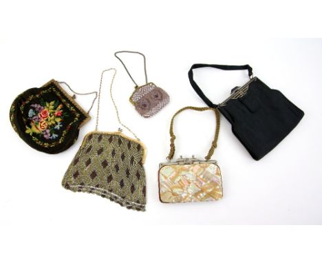 Vintage evening bags to include a 1920's Chain mail bag,  tapestry and mother of pearl,  bags (5) .    