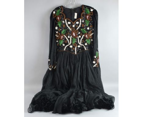 Assorted Vintage Fashion to include Jane Zia black evening dress with heavy beaded and sequined bodice, a Leopard skin coat, 