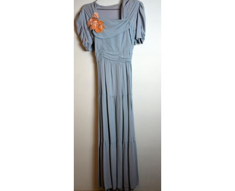 Evening dress in Eau de nil, crepe with gathered shoulders and bodice and tiered skirt, peach velvet corsage, stole and glove