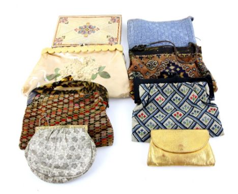 Collection of vintage handbags an embossed gold leather book clutch bag marked Brevetto, two mock tortoiseshell wool work bag