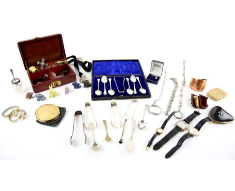 large mixed group of items,  including a cased silver spoon set with art Nouveau style decoration, hallmarked Birmingham 1900