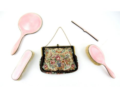 Pink enamel  and silver dressing table set , a petit point evening bag gloves and other items  .    