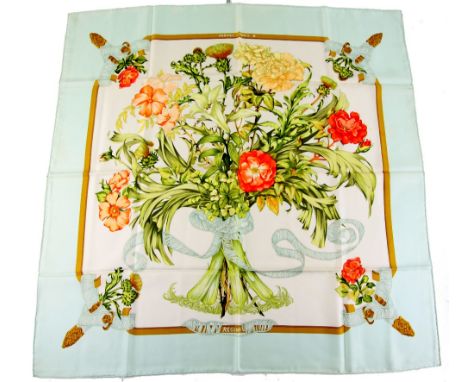 Hermes “Regina” silk scarf by Leila Monchari (originally designed in 1972) in pale apricot and green with pale aqua border.(8