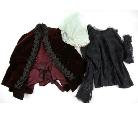 Sybille Claymar black lace blouse with frilled neck and cuffs and buttons to the front, a Victorian velvet cape in maroon wit