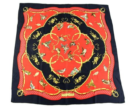 Hermes silk scarf “La Cle des Champs” (key to the fields) designed by Francoise Facconet featuring sparrows and floral motifs