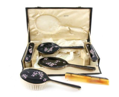 Mappin &amp; Webb, silver and  dressing table set, enamel decoration of  pink blossom and bees on a black ground, hallmark Lo