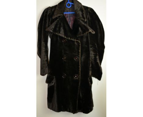 1930's plush motoring jacket,  gold satin blouse,  moire silk  brown skirt, small bag a fur muff, and a crocheted beret  Prov