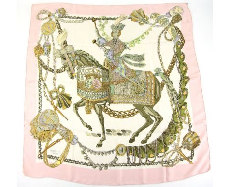 Vintage Hermes silk scarf in “Le Timbalier” (the Drummer”) design, possibly from original 1961 issue by Francoise Heron in pa