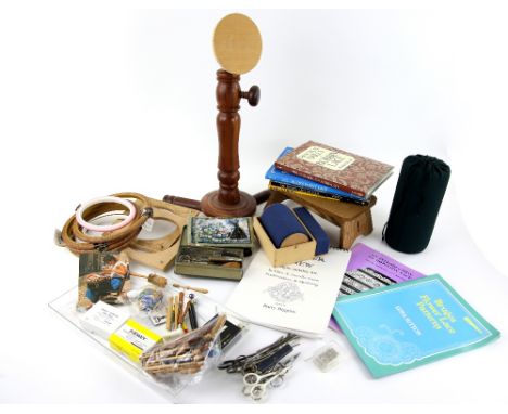 Sewing accessories to include wooden and other lace making bobbins, pins, cushion stand, embroidery stand and a quantity of r