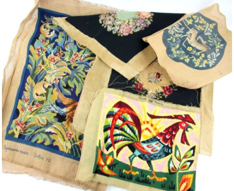Quantity of tapestry chair covers some incomplete including birds amidst foliage 73cm x 109cm, and smaller chair covers, vari