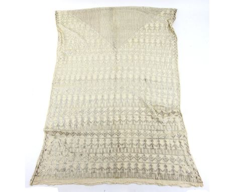 An unusual Assuit shawl  with design of figures holding hands and alternate lines of flowers, silver on light beige, 83 x 210