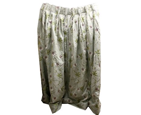 Three Colefax and Fowler thermal interlined curtains, with passion flower detail on an eau de nil ground, a pair and one sing