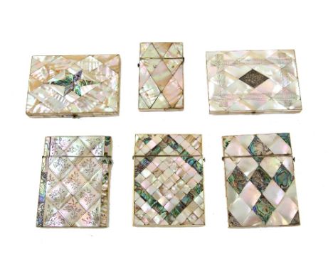 Assorted mother of pearl card cases to include two with concertina action and four other cases one decorated with panels of f