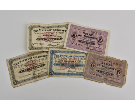 BRITISH BANKNOTES - STATES OF GUERNSEY - German Occupation, five German Occupation banknotes comprising two five shillings, d