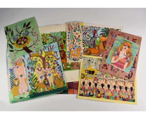 A collection of paintings and sketches by Molly McCann, comprising a watercolour on card of a young boy with toy horse, verso