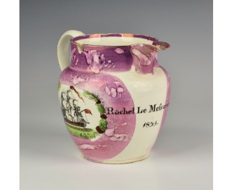 A Guernsey Sunderland pink lustre jug, mid-19th century, with loop handle and two decorated panels, named and dated below spo