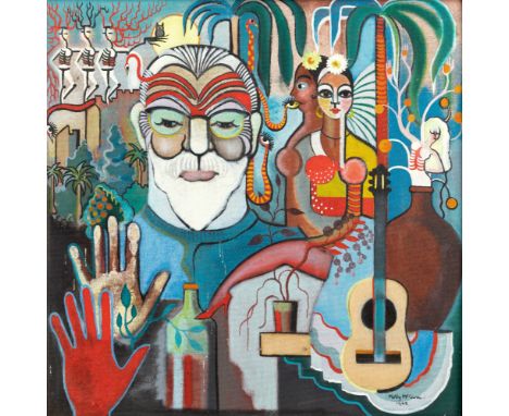 Molly McCann (British, 1913-2005), Spanish fantasy - portrait of Leslie Harradine, oil on fibreboard, signed 'Molly McCann, 1