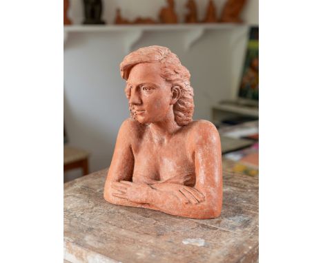 Portrait bust of Molly McCann - a terracotta model study by Leslie Harradine - Royal Doulton interest, satin glazed terracott