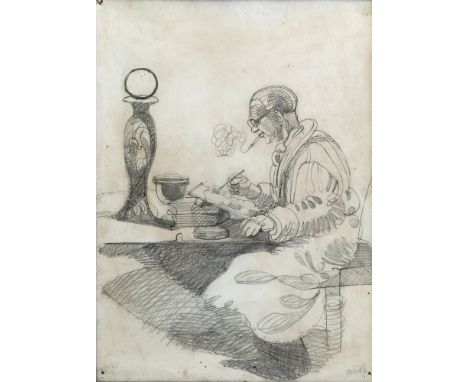 A self portrait pencil sketch by Leslie Harradine - Royal Doulton interest, depicting Harradine painting in his studio, dated