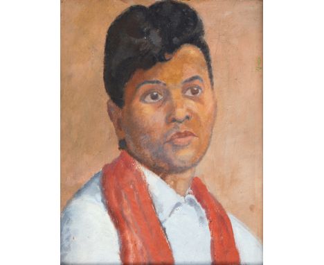 English School (mid-20th century), Portrait of a young gentleman in white shirt and red scarf, oil on canvas, unsigned, 15 x 