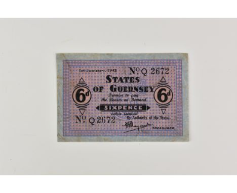 BRITISH BANKNOTE - STATES OF GUERNSEY - German Occupation, German Occupation Sixpence dated 1st January, 1942, serial number 