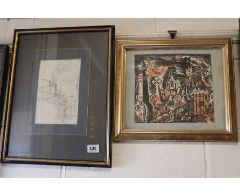 Alfred Oppenheimer, Framed Architectural Study and a Woodblock of a Churchyard inscribed on verso John Piper