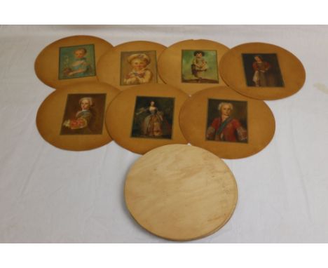 Seven 19th century handpainted miniature portraits on card, depicting 18th century boys and girls, possibly used as table mat