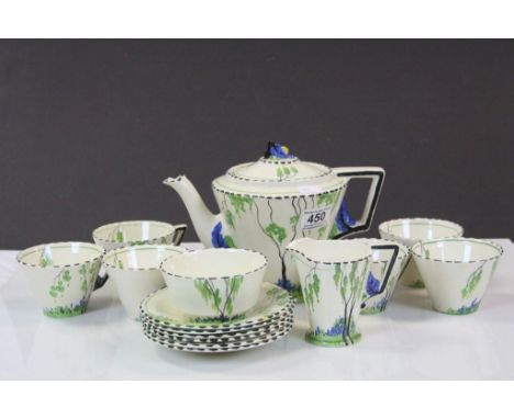 Art Deco Burleigh Ware Tea Set decorated with a black broken line rim and trees in garden design comprising Tea Pot, Milk Jug