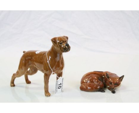 Beswick ceramic model of a Boxer dog and another of a lying down Fox, numbered 1017 to base