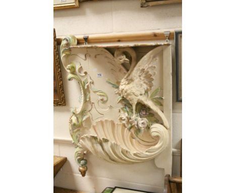 Hand Painted Pine and Gesso Wall Shelf and Planter in the Rococo Style with a design of a Bird, Flowers and a Shell, 90cms hi