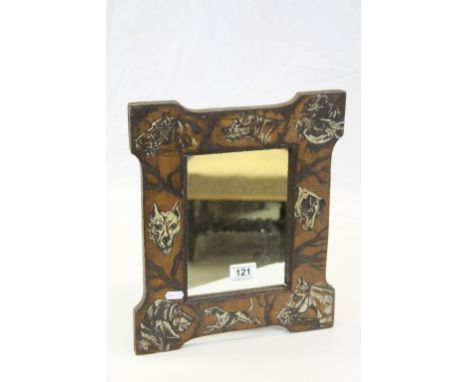 Vintage Mirror, the Wooden Frame with etched and painted Hunting Horses, Hounds and Dogs, 37cms x 30cms