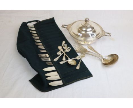 Christolphe silver plated twin handled tureen, ladle and another smaller together with a meat fork, Christolphe fish knives a