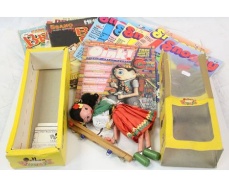 Boxed Gypsy Girl Pelham Puppet together with 5 Snoopy Comics and 7 further Comics including Oink, Beano, Dandy, etc