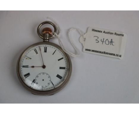 Silver open face top wind pocket watch, white enamel dial (chipped and cracked) black Roman numerals, copper poker hands, sub