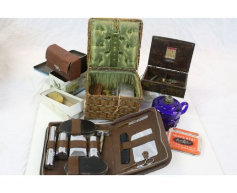 Mixed collectables to include; Vanity set, Glass oil lamp base, Weights etc