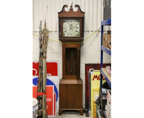 19th century Oak Longcase Clock, the hood with broken swan neck pediment and brass eagle finial, the painted face marked ' R 