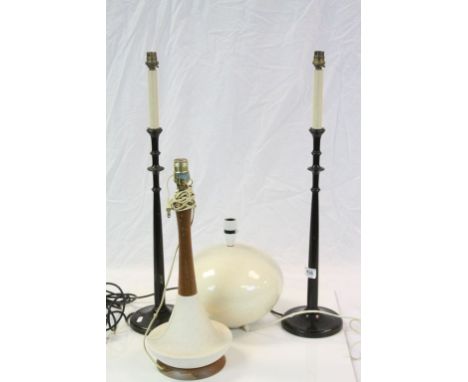 Pair of Woolpit Interiors Tall Slender Wooden Table Lamps together with a Retro Teak and Ceramic Table Lamp and one other