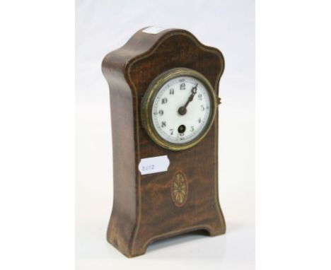 Edwardian Wooden cased miniature Mantle Clock, key wind with Enamel dial, stands approx 17cm