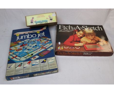 Boxed Tin Plate Ping Pong Clockwork Toy together with 1970's Boxed Etch-a-Sketch and a Jumbo Jet Board Game