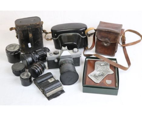 Assorted binoculars, cameras and lenses, to include cased set of Ross London binoculars; Contessa Nettel camera, Pratica Supe