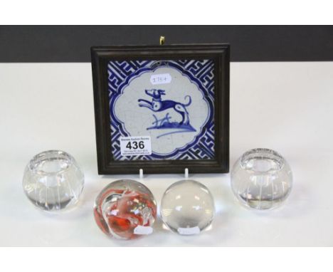 Antique Delft Blue and White Tile hand painted with a Dog contained in an Oak Frame, 16.5cms x 16.5cms together with Two Glas