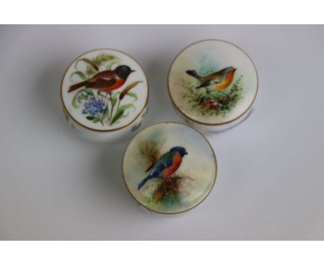 Pair of early 20th century hand painted Royal Worcester patch pots, each depicting a bird together with another, similar (3)