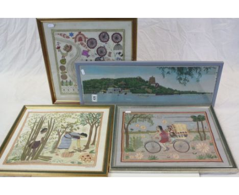 Three Framed and Glazed South Asian Needleworks on Cloth together with Chinese Print on Cloth of Buildings by a Lake
