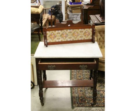 Late 19th century Marble Top Washstand with Tiled Back, Single Drawer and Pot Shelf Below, 77cms wide x 48cms deep x 74cms hi