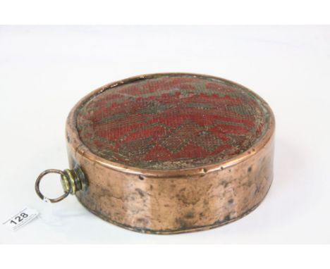 19th century Copper Circular Coach Foot Warmer with Carpet covered top, 26cms diameter