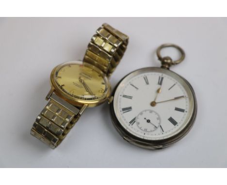 Swiss silver open face key wind pocket watch, white enamel dial and subsidiary dial, black Roman numerals, gilt poker hands, 