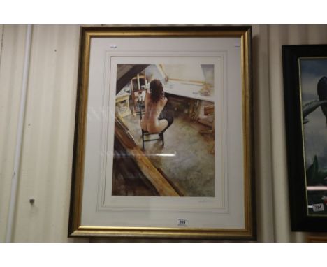 Framed and Glazed Limited Edition Signed Print of a Nude Woman in her artist studio, signed Mellish, no. 176/350, 53cms x 40c