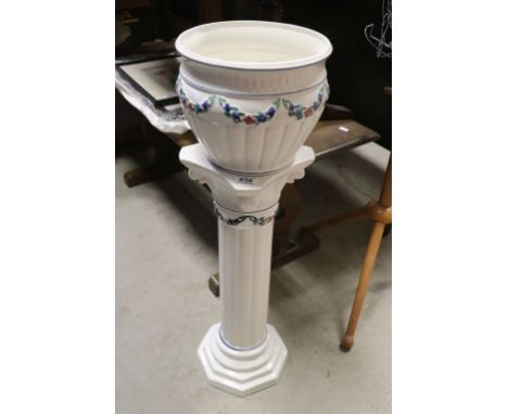 Ceramic Jardiniere on Stand, hand painted with floral swags, 81cms high