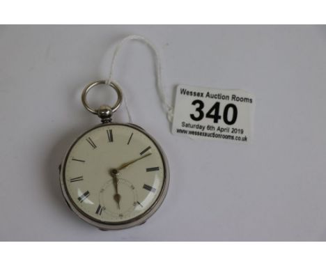 Silver open face key wind pocket watch, cream enamel dial and subsidiary dial, black Roman numerals, gilt poker hands, engine