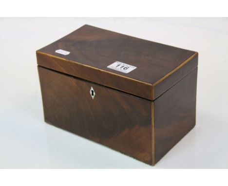 Georgian Mahogany and Boxwood Two Compartment Tea Caddy with Mother of Pearl Escutcheon and Key, 22cms long